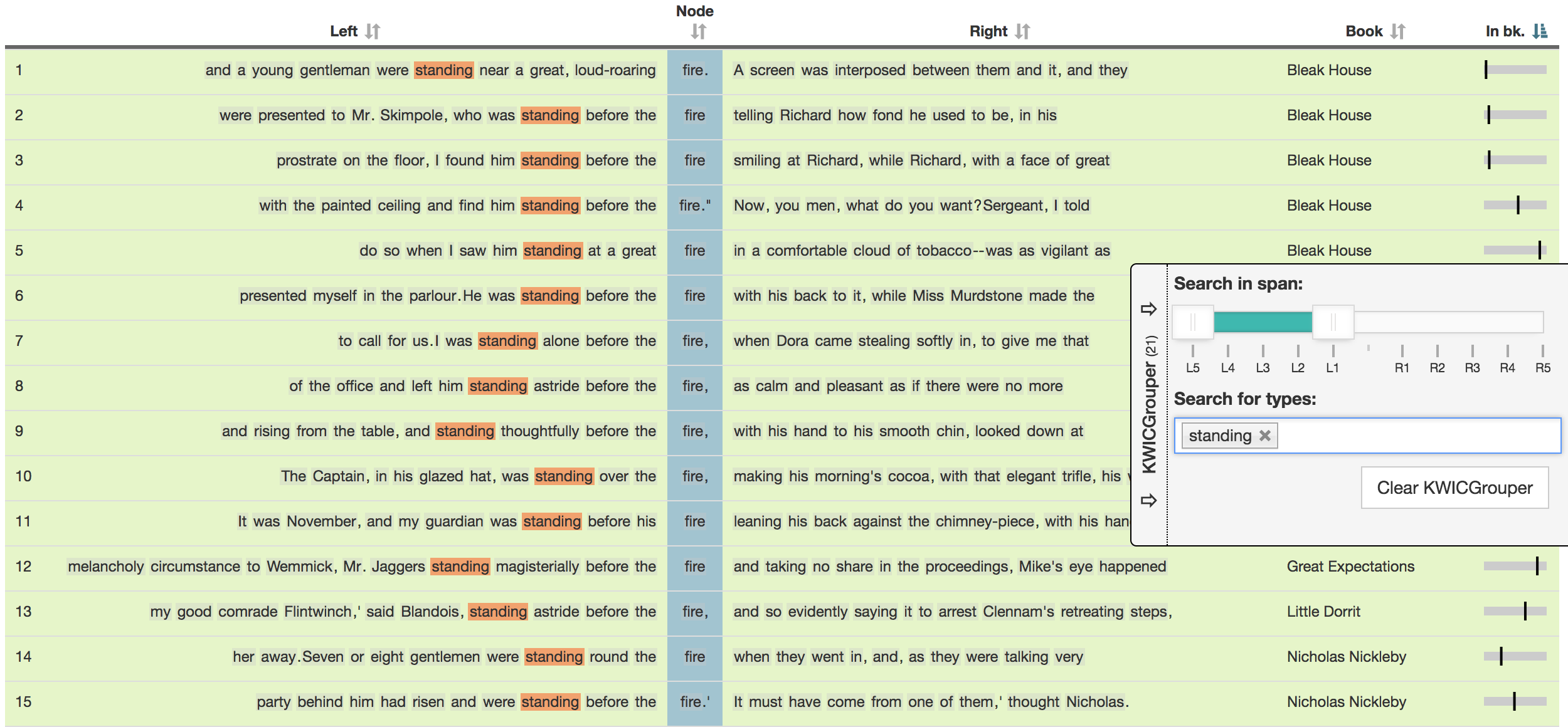 Concordance 2: The first 15 concordance lines of <em>fire</em> co-occurring with <em>standing</em> on the left (ordered by book)