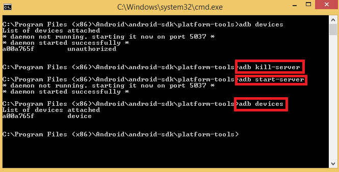 Once your device is authorized, the command prompt should display 'List of devices attached' along with an alpha-numeric string that represents your Android device.