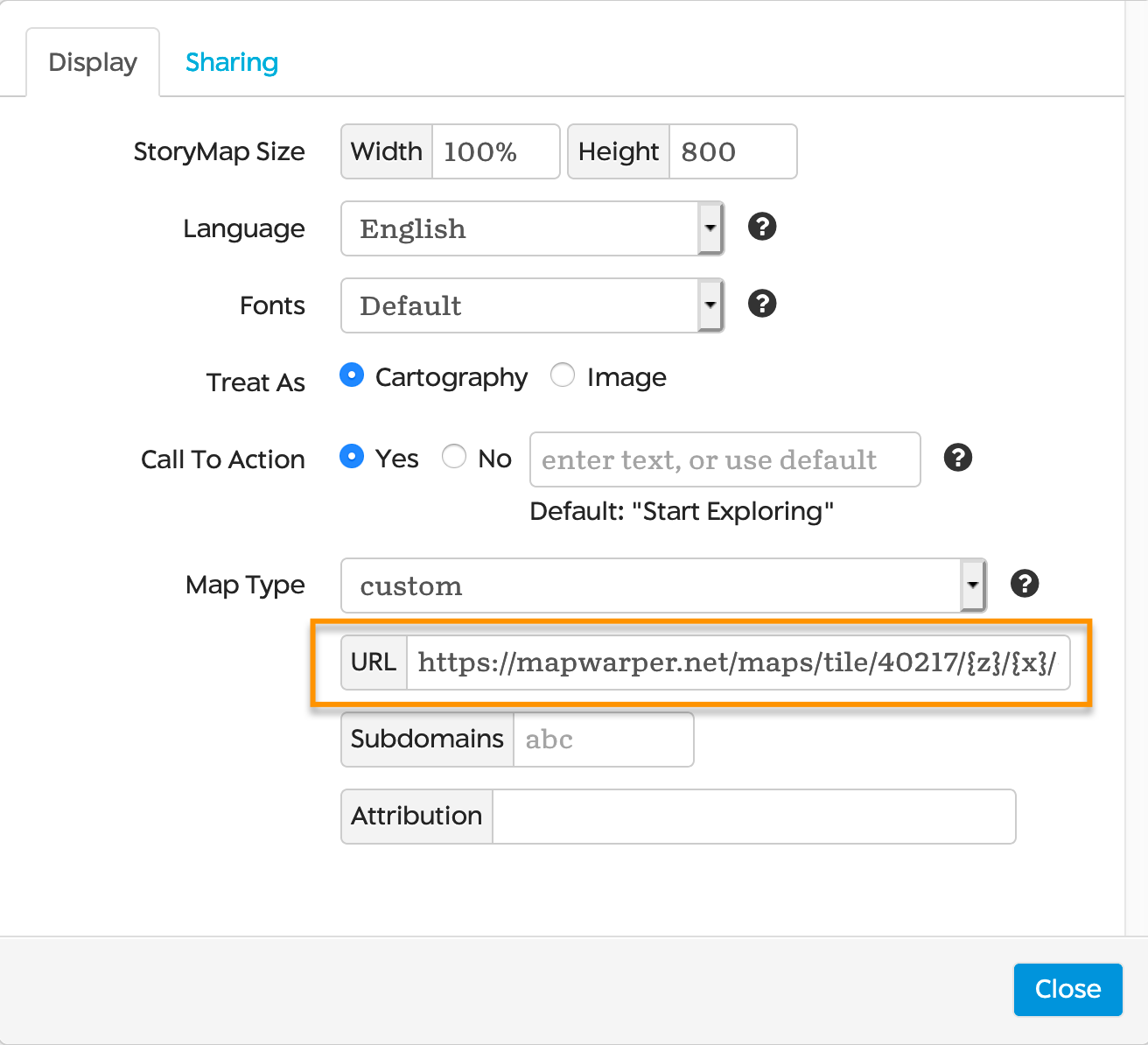 Select the custom map type and enter the Tiles URL from Map Warper to load in your georeferenced map.