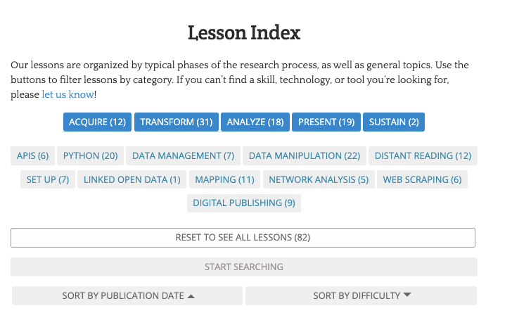 Initial lesson home page, showing the start search button.